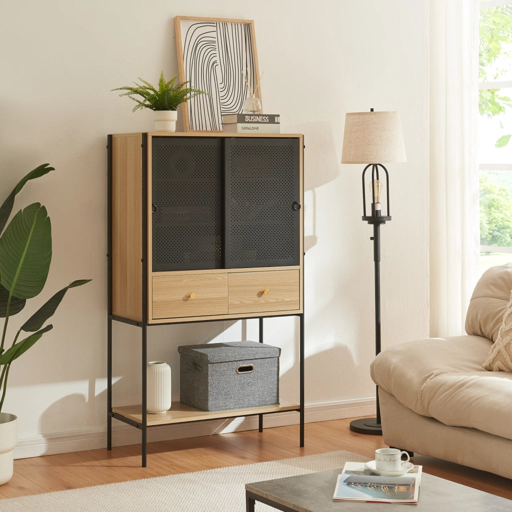 Credenza Tysnes con Scomparti Chiusi e Cassetti 140 x 80 x 40 cm - Effetto Rovere / Nero [en.casa]