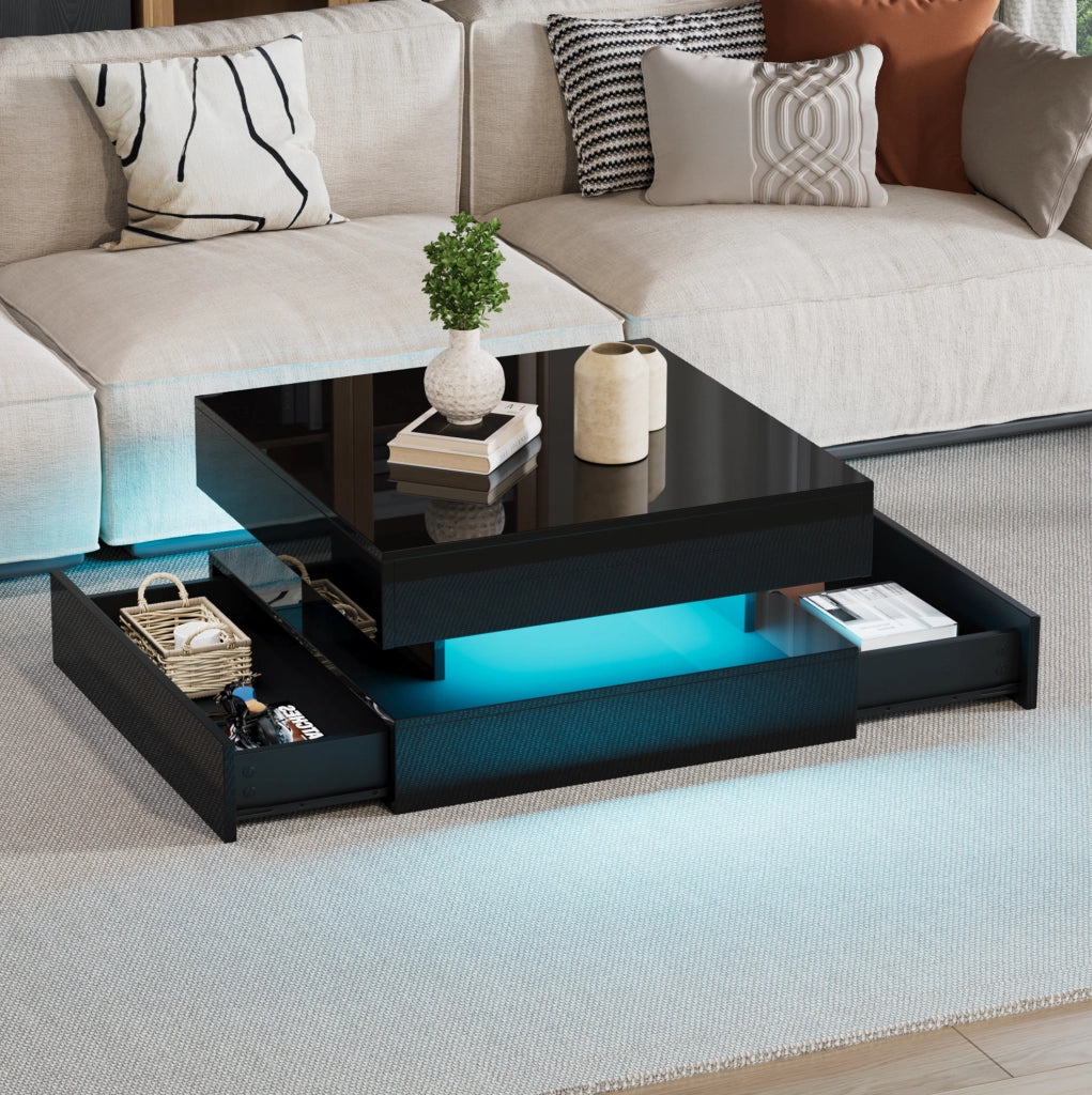 Tavolino da caffè elevabile LED nero 65x65 cm con 2 cassetti