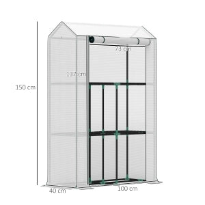 Serra da balcone con ripiani a 3 livelli, porta arrotolabile, struttura in acciaio, bianca, 100x40x150 cm