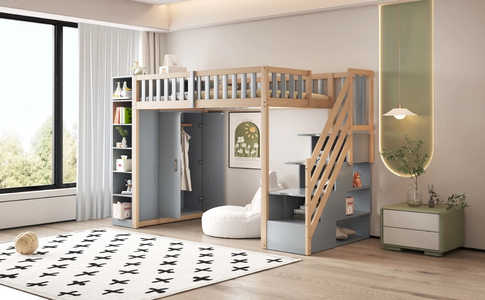 Letto a castello grigio e legno naturale con funzione contenitiva 90x200 cm