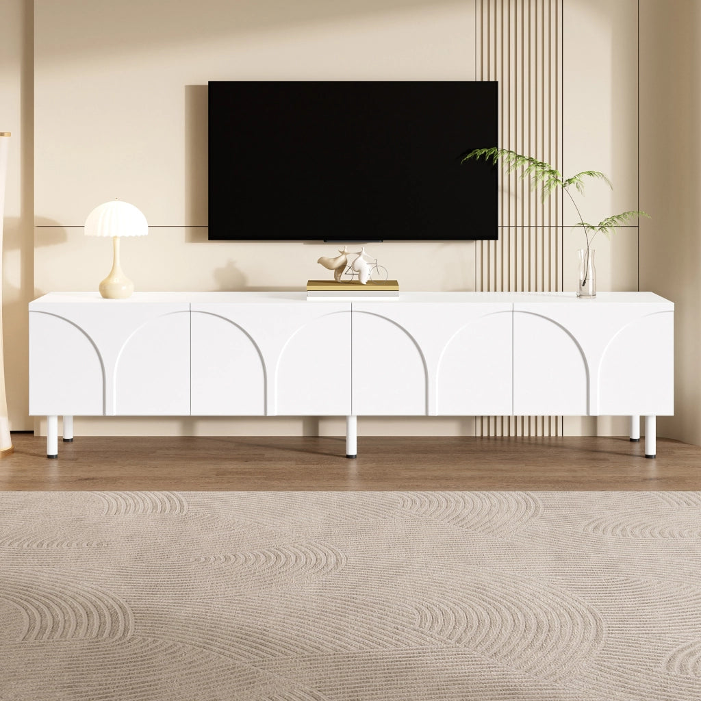 Mobile porta TV con 4 ante e 2 vani separati, piedi in metallo, in MDF e PB, per soggiorno, bianco, 180 × 35 × 49 cm