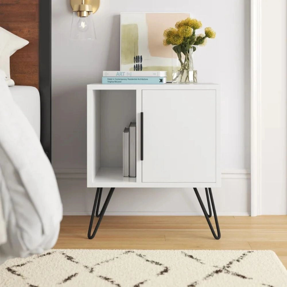 Comodino 1 Anta 1 Ripiano 50x44x60 cm in MDF Glynn Bianco