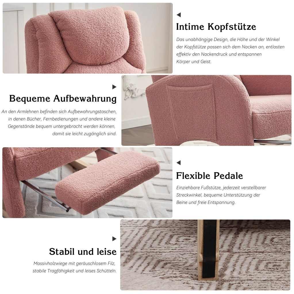 Poltrona a dondolo rosa in tessuto Teddy con poggiapiedi
