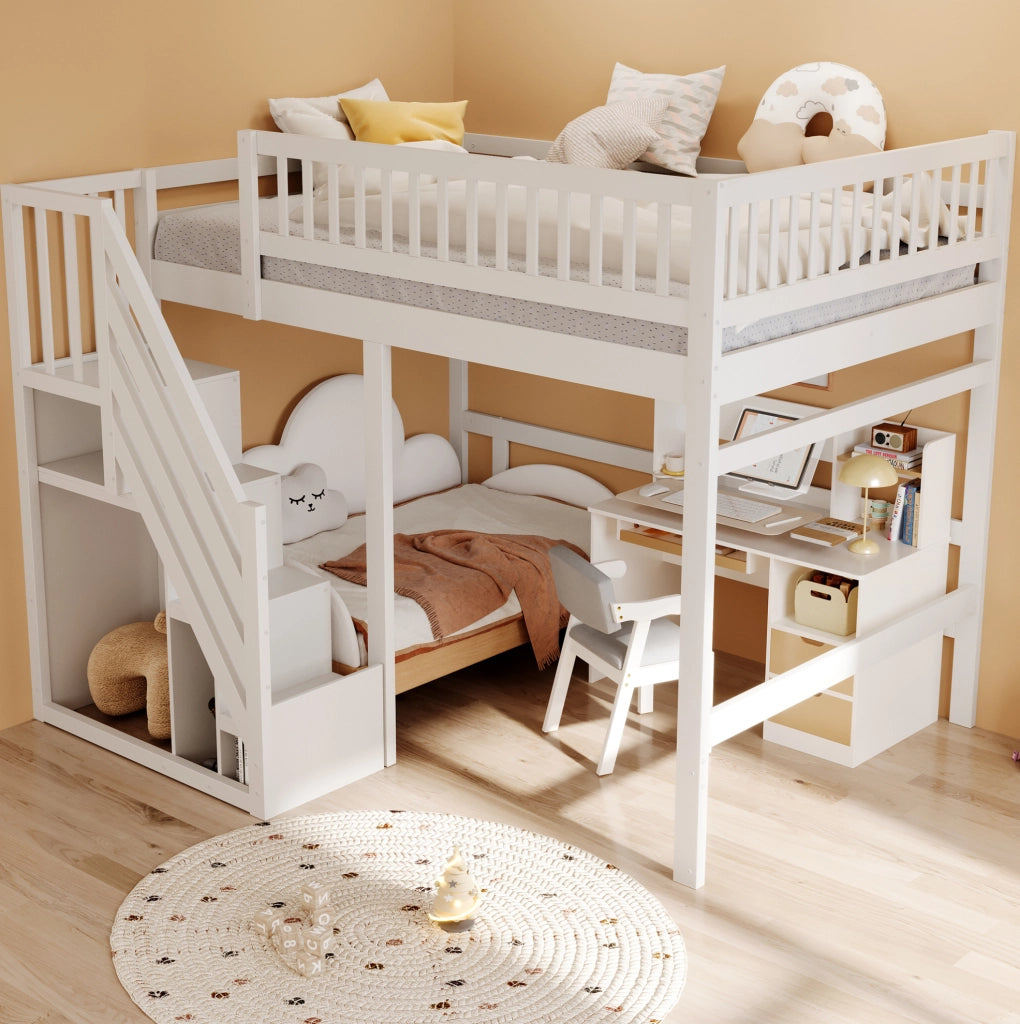 Letto rialzato 140x200 bianco con scala contenitore e sponda alta