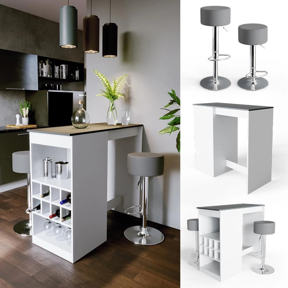 Tavolo bar con sgabelli Ross, Bianco/antracite, 115 x 50 cm con 2 sgabelli da bar, adatto come tavolo da pranzo o in piedi con vani a giorno