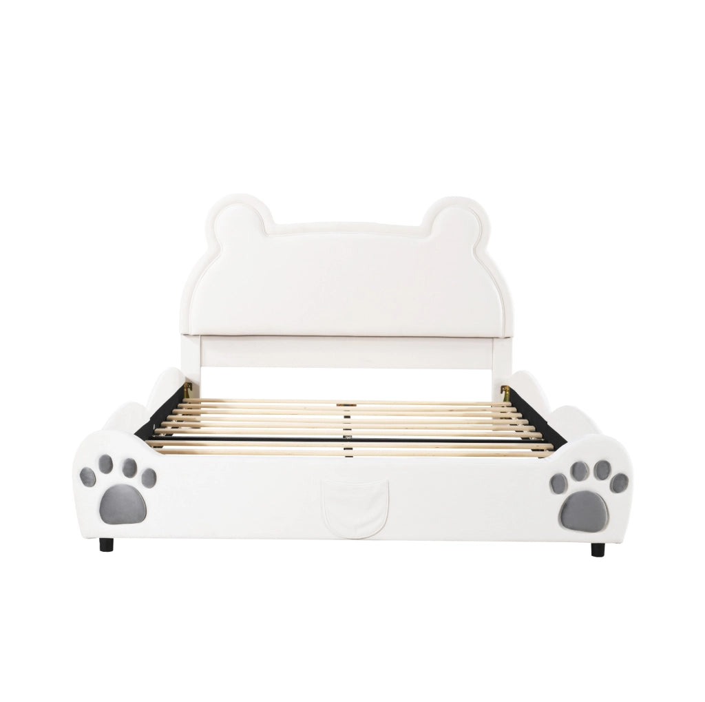Letto imbottito per bambini ULEVR 140x200 cm a forma di orso, bianco, con 12 doghe