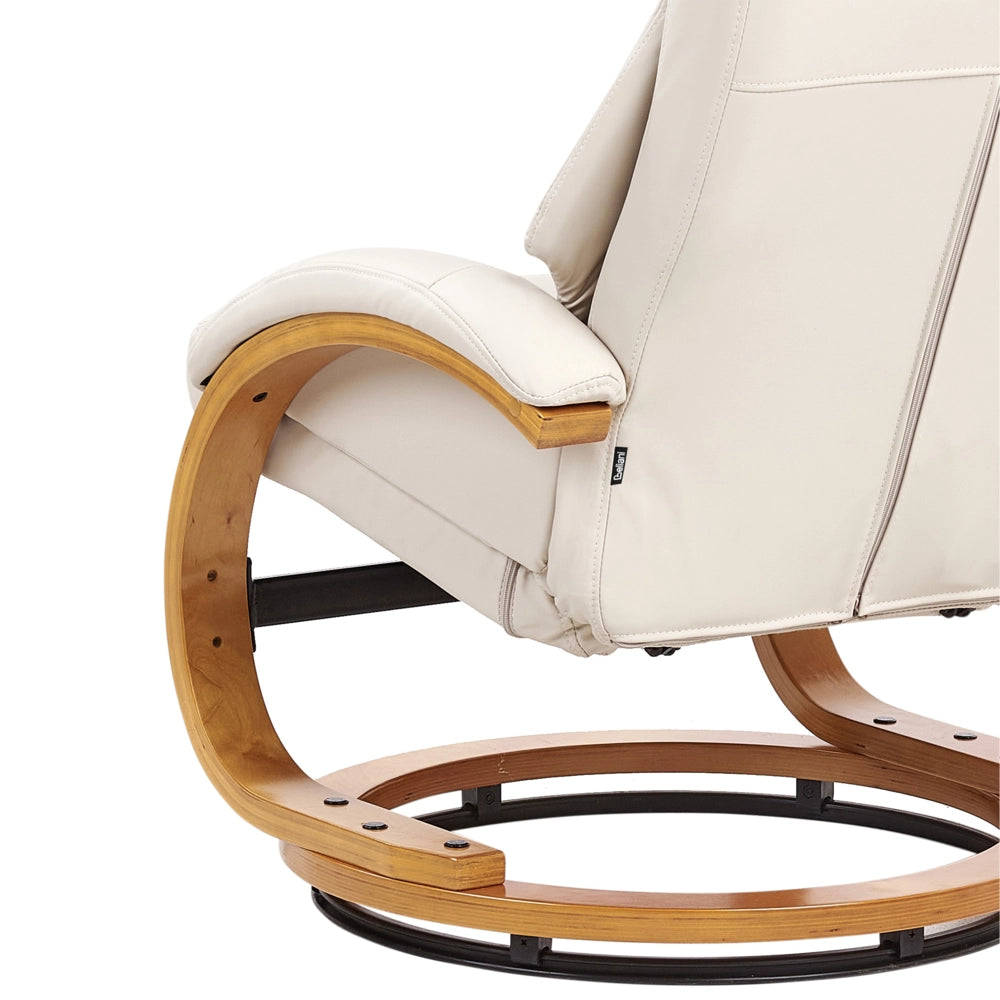 Sedia reclinabile ecopelle beige chiaro con poggiapiedi massaggiante struttura in legno schienale regolabile