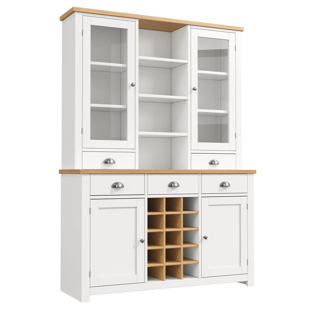 Credenza alta con anta in vetro, 5 cassetti e ripiano regolabile, per cucina e soggiorno, in MDF e vetro, bianco