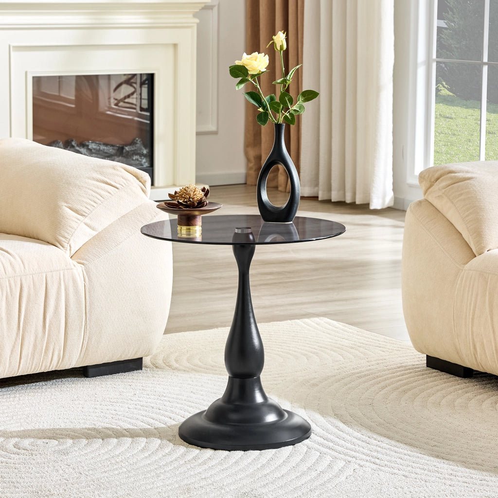 Tavolino basso in vetro temperato con base in metallo rotondo per soggiorno e camera da letto nero 53,5 × 53,5 × 21 cm