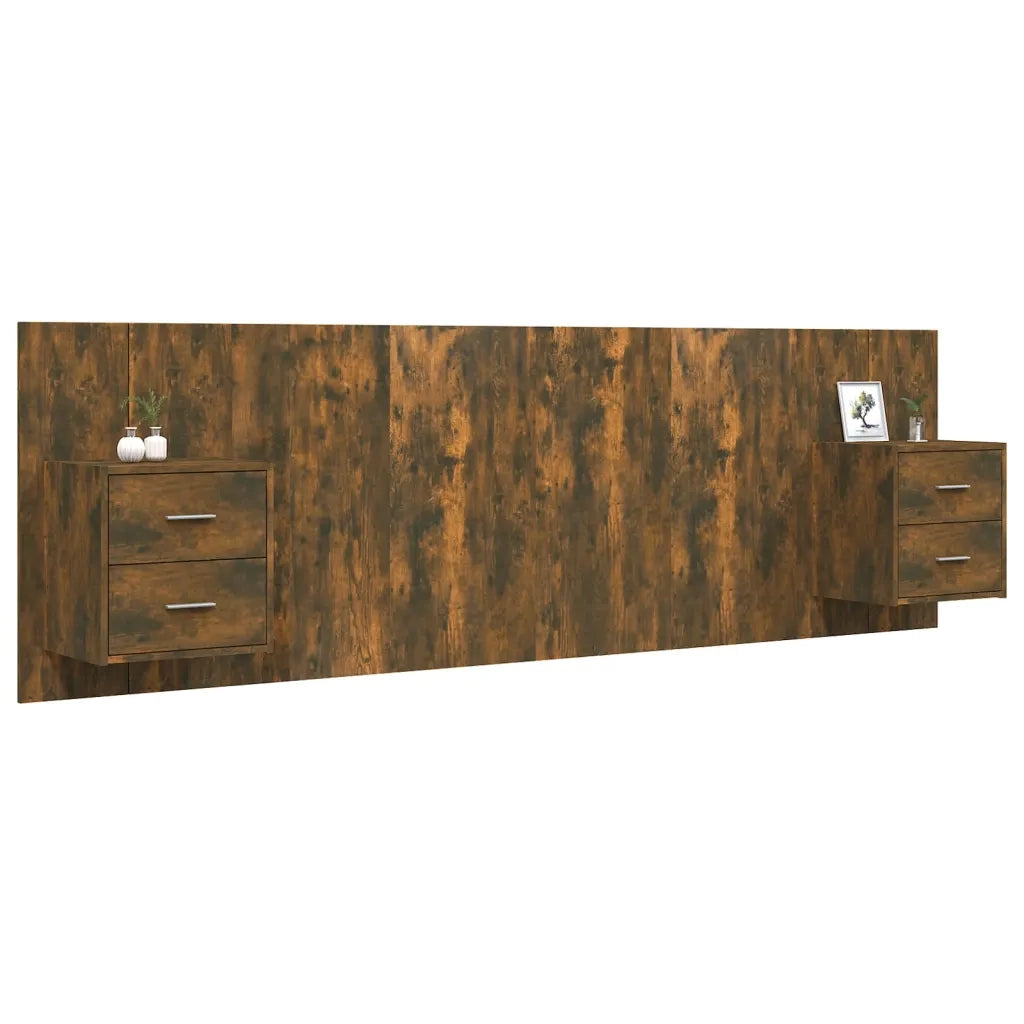 Testiera Letto-Testata del letto con Comodini in Legno Multistrato Rovere Fumo 509493