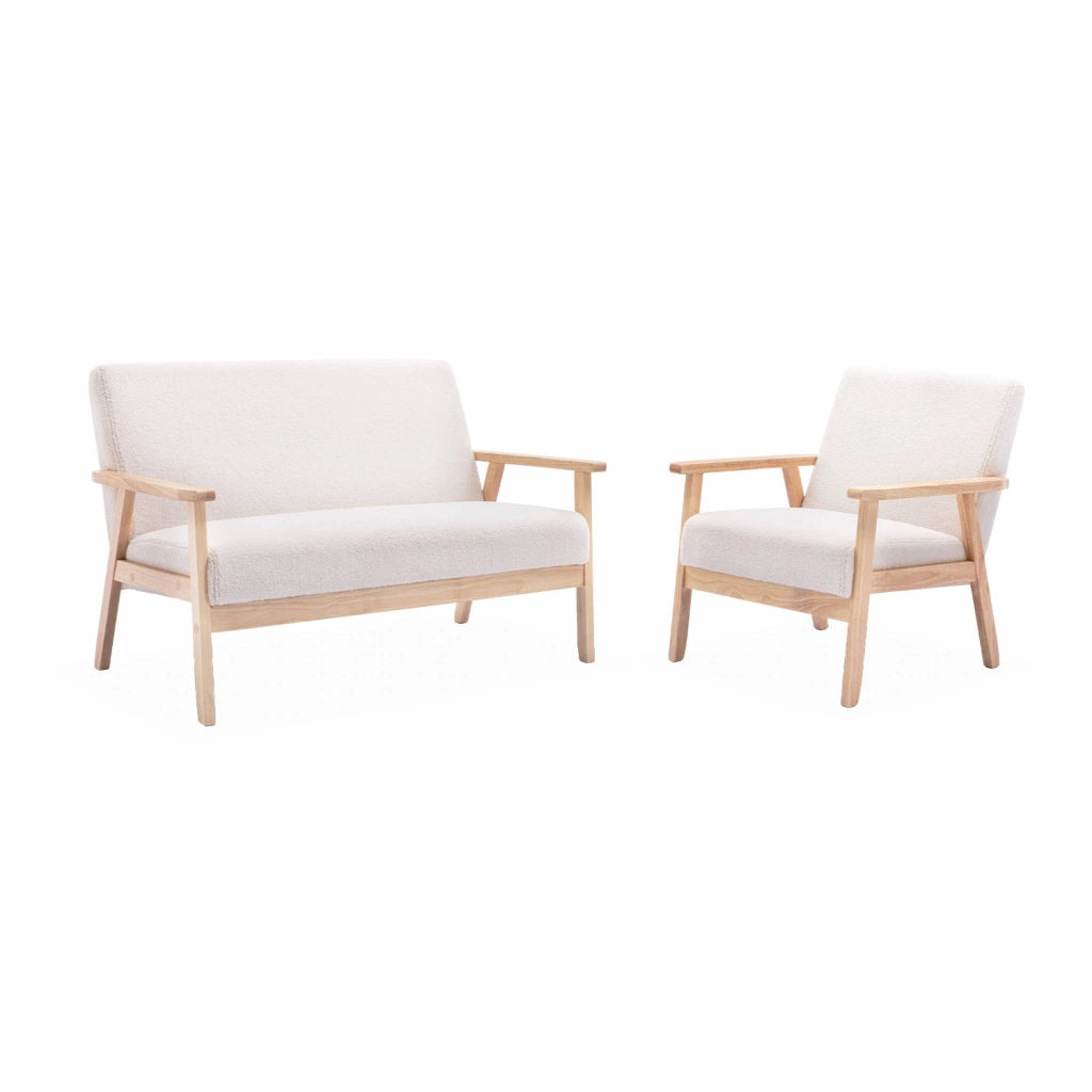Poltrona scandinava in legno e tessuto bouclé, crema