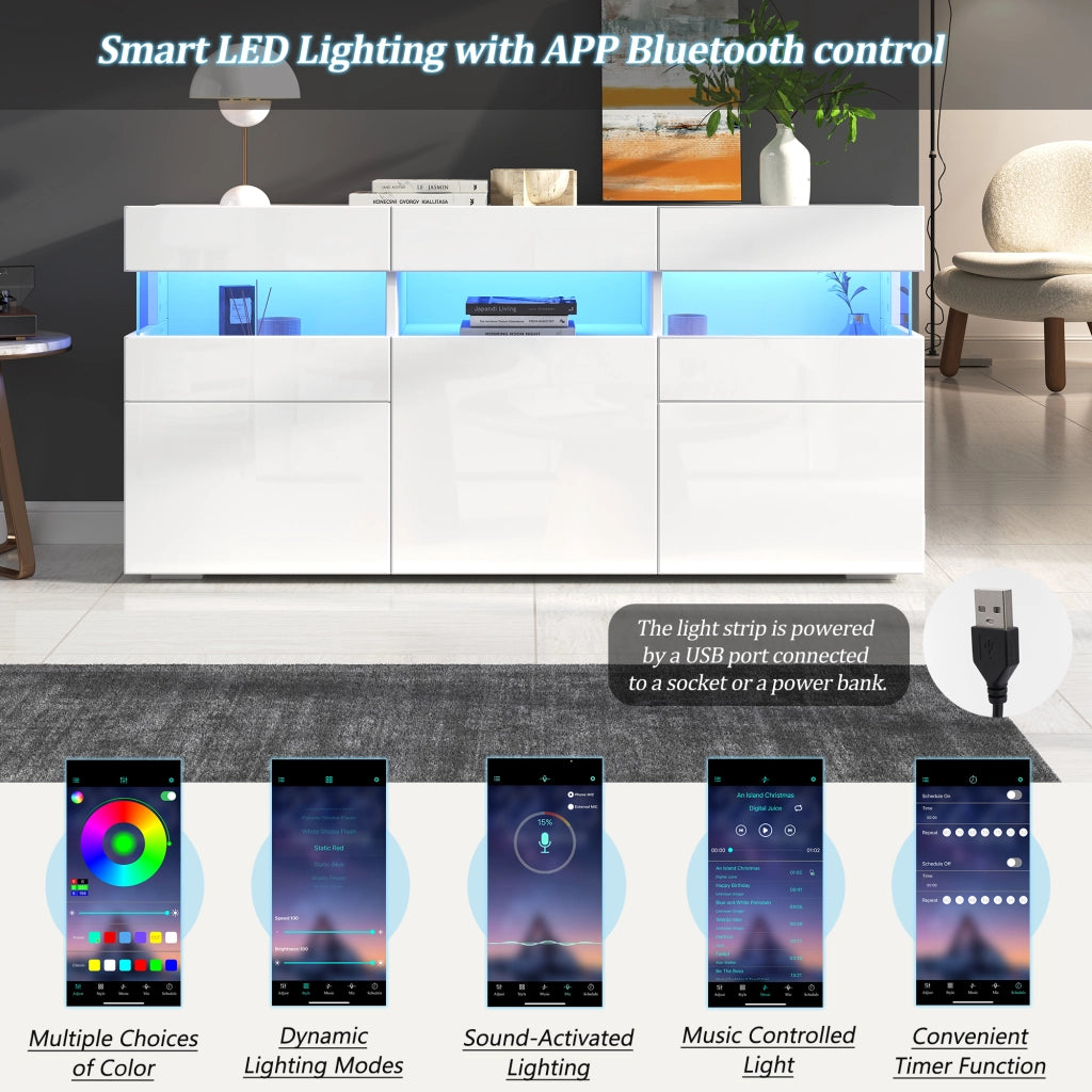 Credenza con LED e 3 ante, 7 vani e vano semiaperto, frontale lucido, per soggiorno, bianca, 140 × 40,5 × 66,5 cm