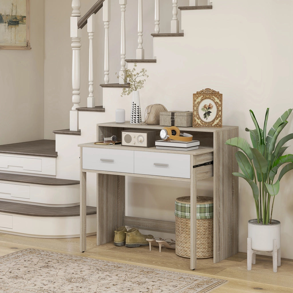 Tavolo console con piano scorrevole e 2 cassetti ¨C Zephmum ¨C 95x35x87 cm, effetto quercia