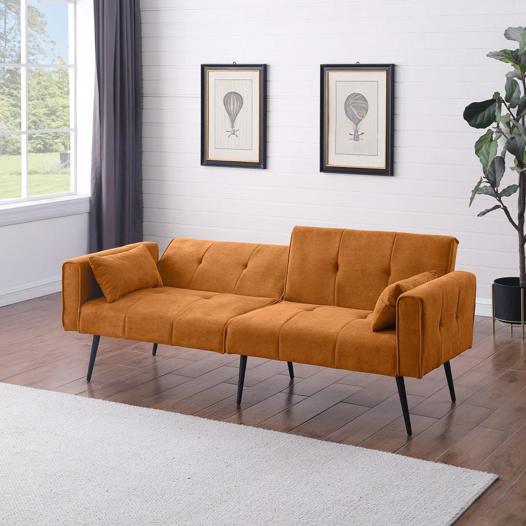 Divano letto futon pieghevole con struttura in legno e piedi in metallo in tessuto a coste arancione per salotto e studio