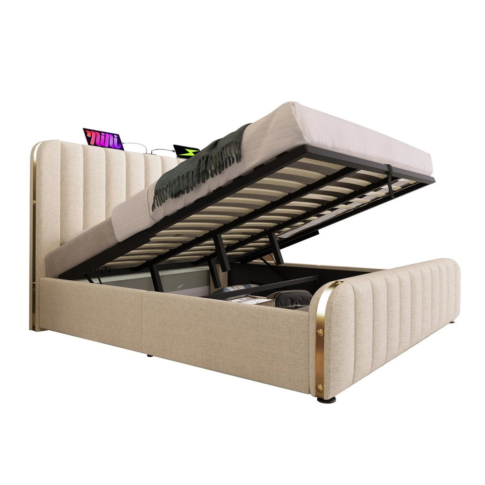 Letto Contenitore Matrimoniale Imbottito con Materasso ¨C Xylo ¨C Beige, Idraulico, Testiera LED USB, 180x200