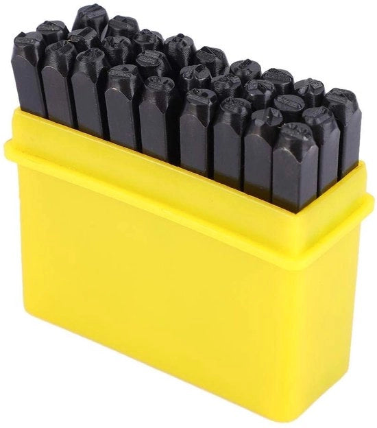 Set di stampi Heavy Duty - Set di alfabeto - Cifre 0-9 - Acciaio di carbonio - 36 pezzi - Altezza lettera 4 mm