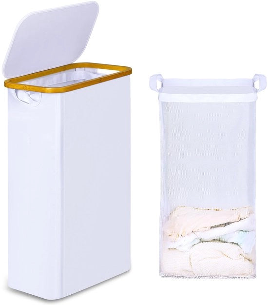 Wascioletta in bamboe con coperchio 60L, sottile con taschino interno rimovibile e lavabile, opaco, pieghevole per bagno, camera da letto, cameretta (bianco)