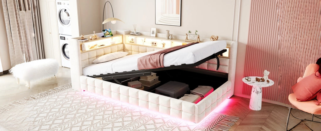 Divano letto in velluto con contenitore idraulico, LED e USB-C, 90x200 cm, beige