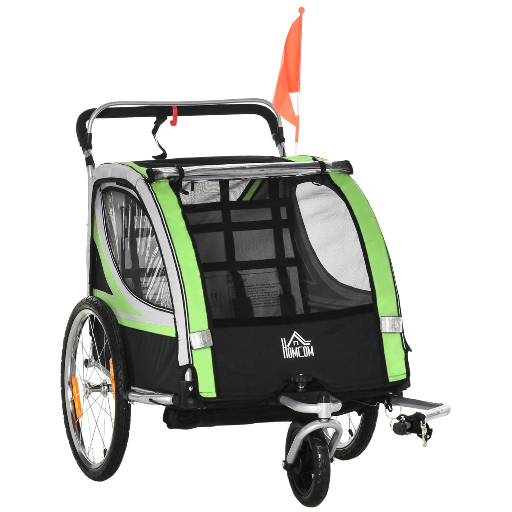 Rimorchio Bici per Bambini e Passeggino 2 in 1 con Cintura Tasche e Bandierina Verde