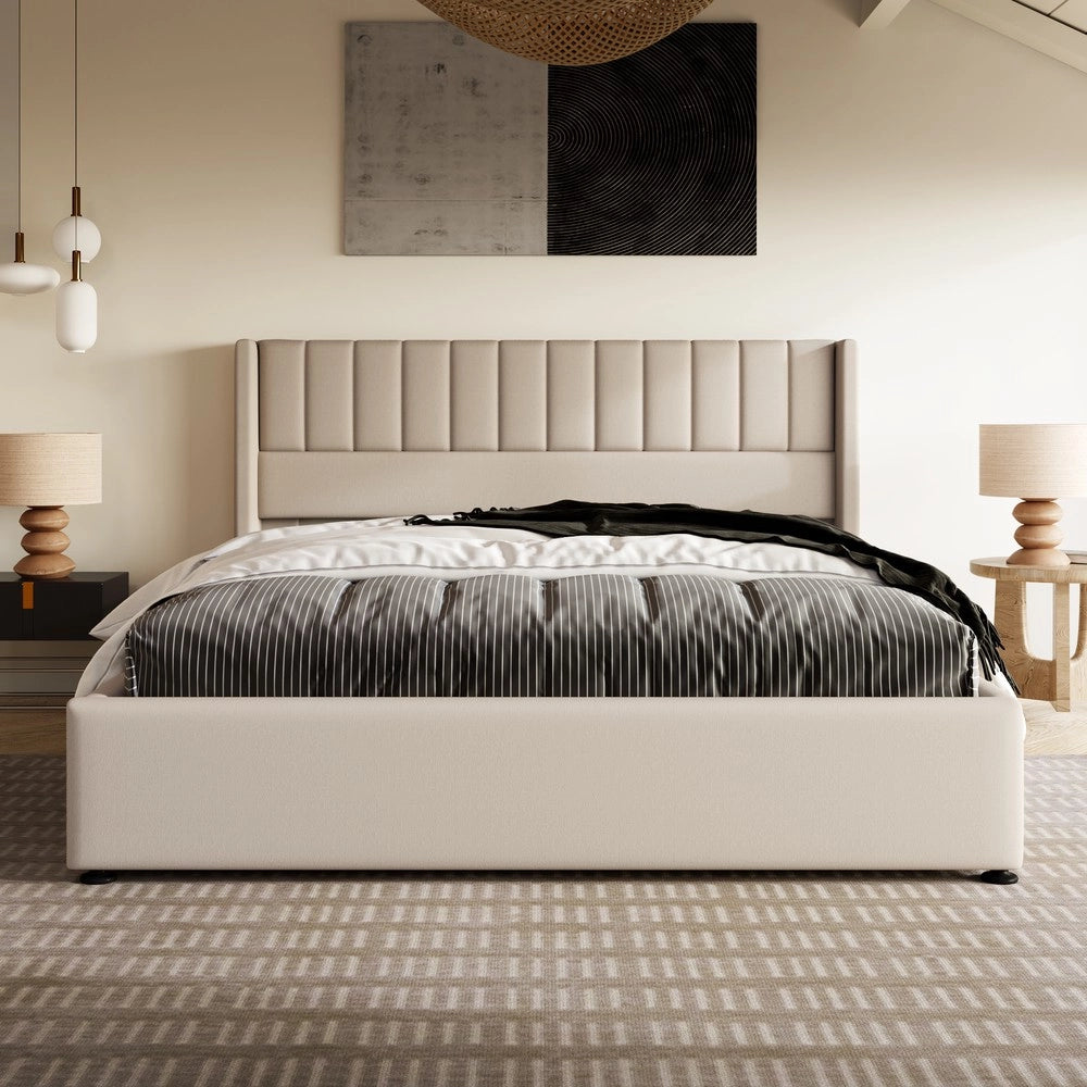 Letto Contenitore Matrimoniale Imbottito Idraulico ¨C Xylo ¨C Lino Beige 180x200 con Rete a Doghe