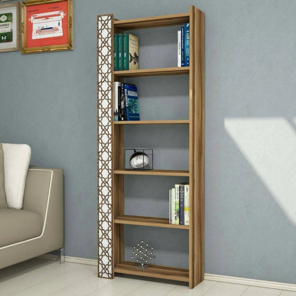 Libreria Vele, Scaffale da ufficio, Mobile portalibri, Biblioteca, 65x24h170 cm, Noce e Bianco