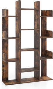 Libreria in legno con 13 ripiani aperti, libreria a forma di albero con kit antiribaltamento, 86 x 24,5 x 141 cm, mobile organizer per soggiorno, studio, ufficio (marrone)