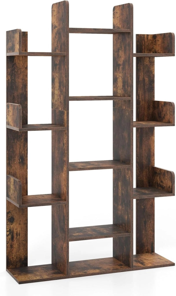 Libreria in legno con 13 ripiani aperti, libreria a forma di albero con kit antiribaltamento, 86 x 24,5 x 141 cm, mobile organizer per soggiorno, studio, ufficio (marrone)
