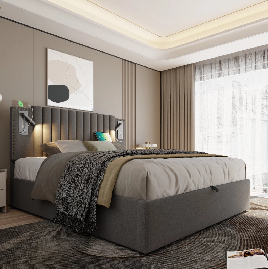Letto matrimoniale 160x200 cm con contenitore, luci LED e USB-C