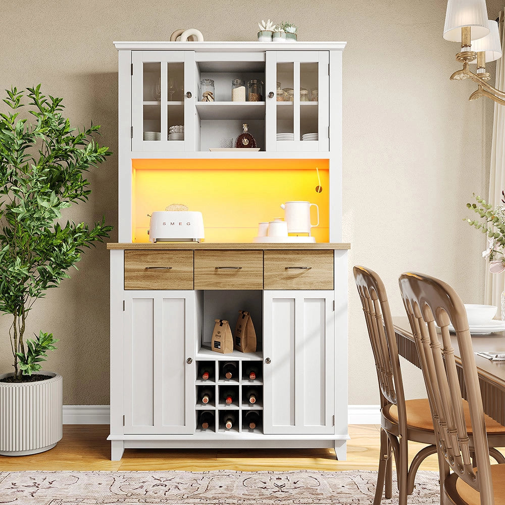 Vaisselier basso cucina - Xylo - LED, ripiani regolabili, cassetti in legno, bianco