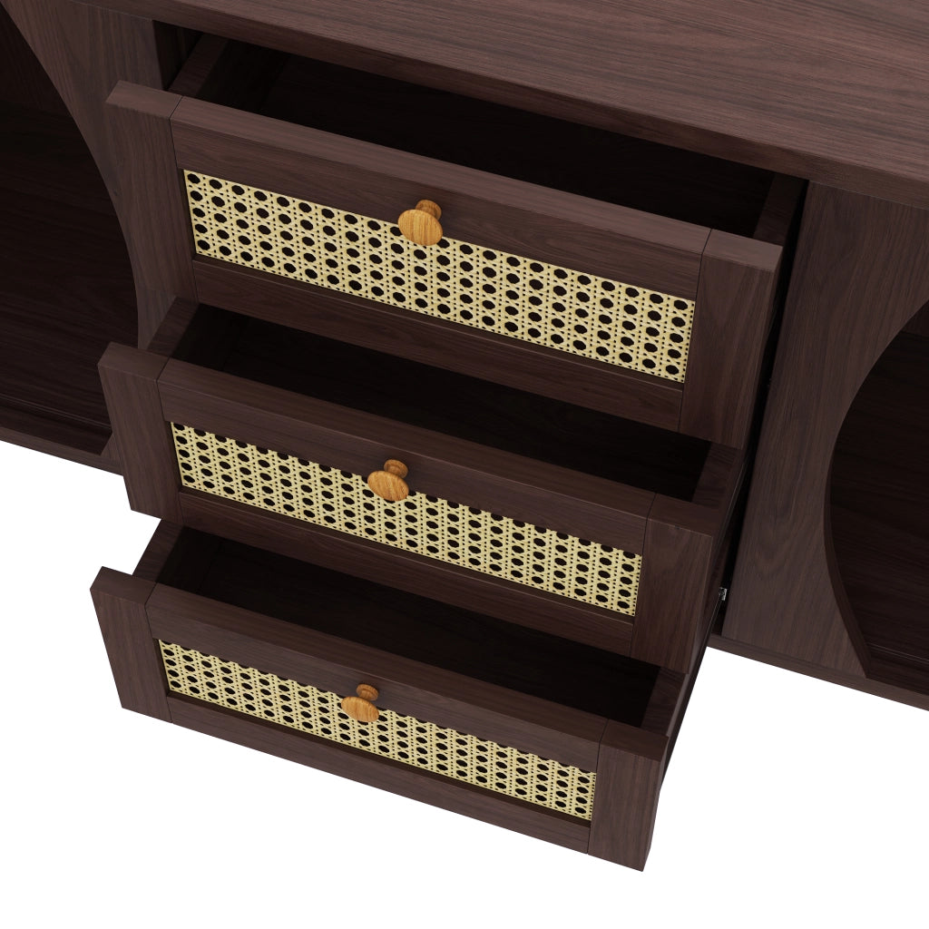 OKWISH Credenza con 3 Cassetti in Rattan e 2 Ante Scorrevoli, Ripiani Regolabili, per Soggiorno, Pannello Truciolare, Naturale