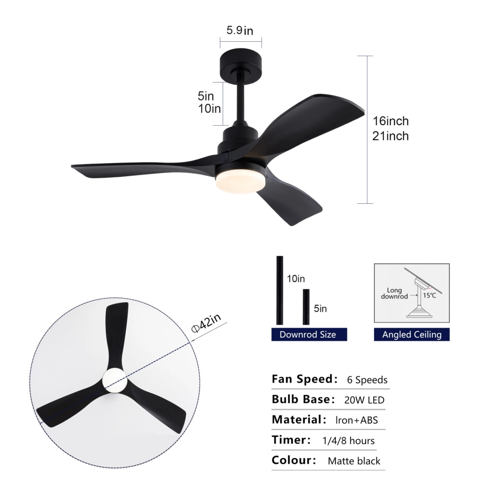 Ventilatore a soffitto 42" con luce LED e telecomando, 3 pale ABS nere