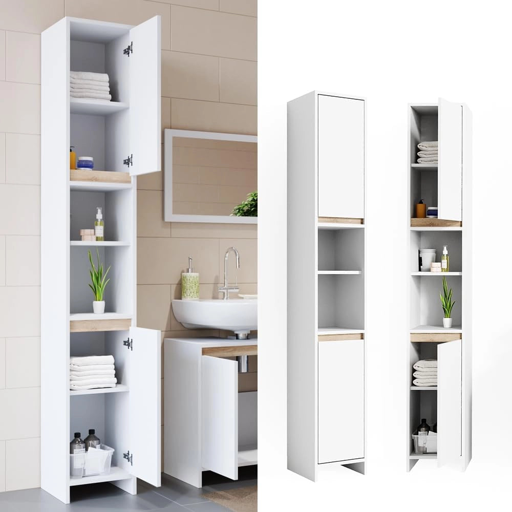 Mobile bagno alto Emma, Bianco/Sonoma, 30 x 190 cm, combinabile con la serie Emma per l'organizzazione in bagno