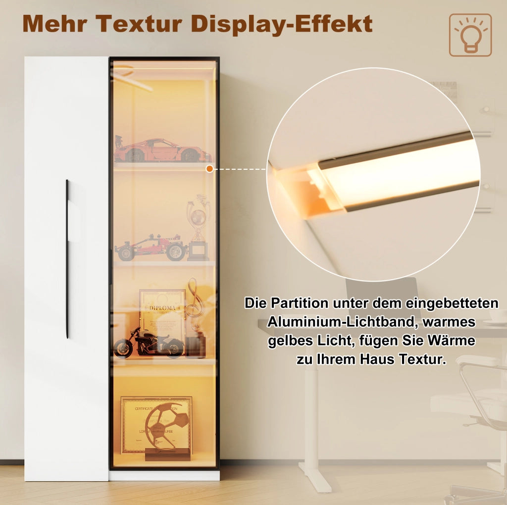 Mobile multifunzione bianco con libreria, vetrina LED e ruote