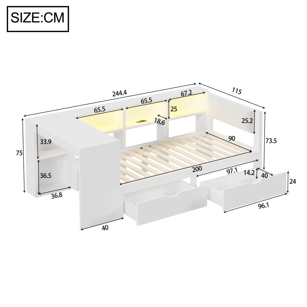 Letto 90x200 cm con testiera imbottita; LED e stazione di ricarica in MDF bianco