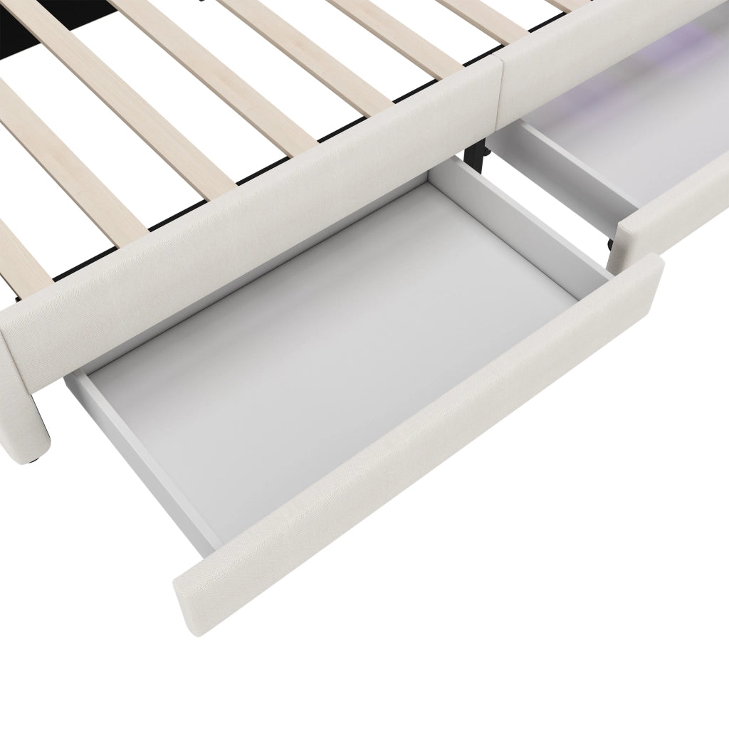 Letto singolo 90×200 cm con LED; USB Type-C; 2 cassetti e ripiani; senza materasso; lino; beige