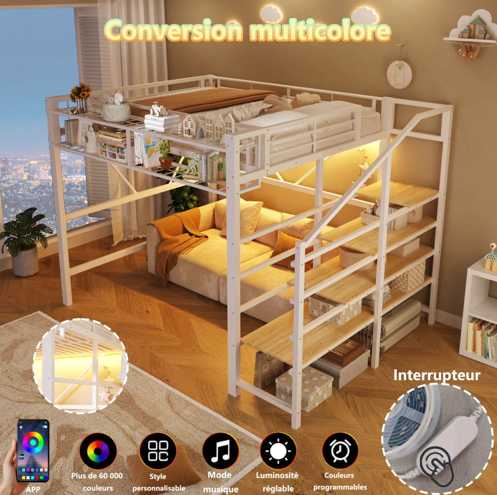 Letto a soppalco ULEVR 140x200 cm con LED, scaletta con ripiani e cestino contenitore, bianco