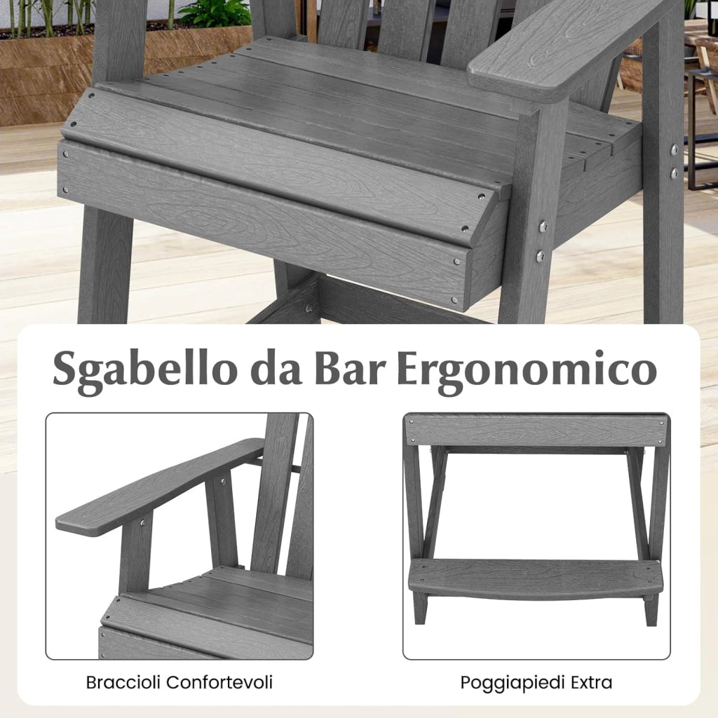 Sedia da Bar per Esterni, Sedia in HDPE con Braccioli, Sedia da Giardino con Poggiapiedi, Sedia con Schienale Alto per Esterno, Bordo Piscina, 70 x 85 x 119 cm (Grigio)