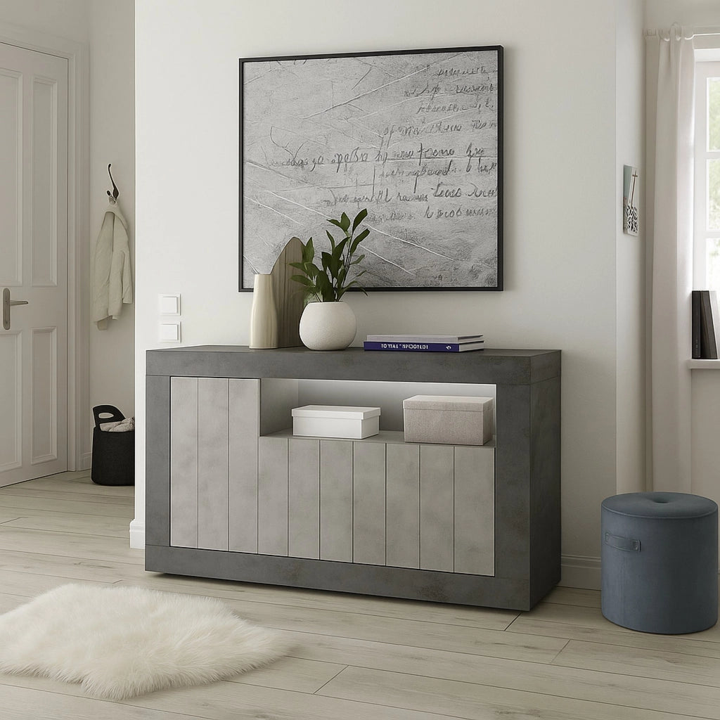 Credenza Dolphin, Buffet da soggiorno, Madia da salotto, Dispensa da cucina, Made in Italy, 138x42 h86 cm, Ardesia e Cemento