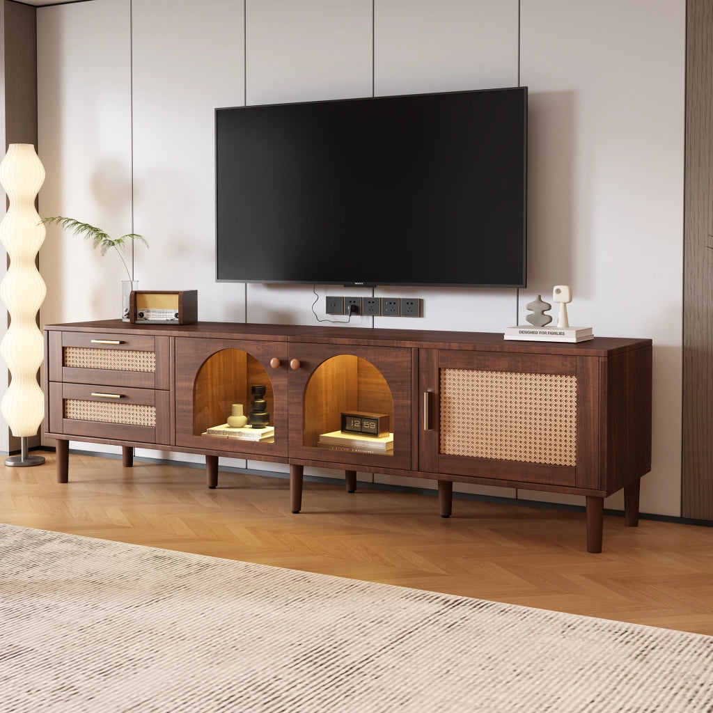Mobile TV 180 cm ¨C MINIMAL ¨C Marrone, LED, Vetro, Rattan, 2 Cassetti