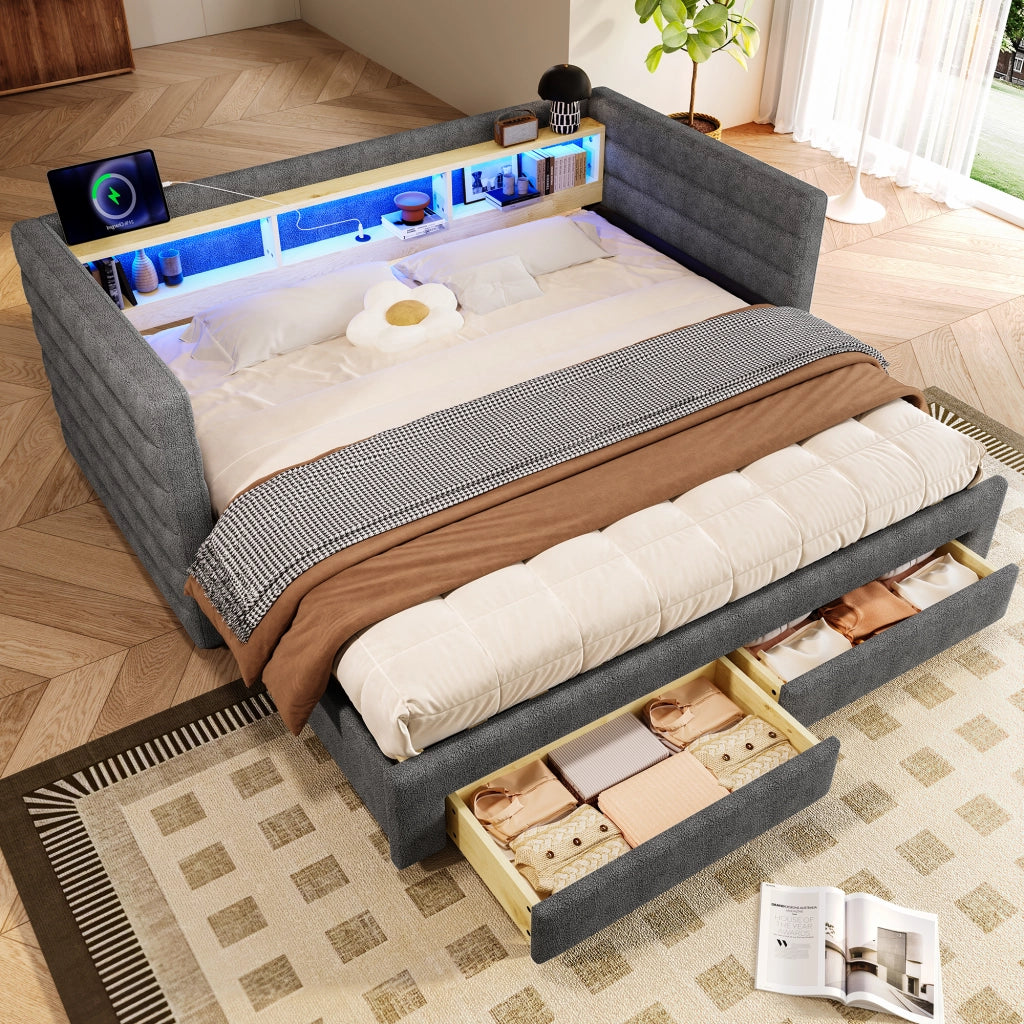 OKWISH Letto a Scomparsa 90×190 cm, Letto Singolo con USB, Tipo C, 2 Cassetti, Vani e LED, senza Materasso, in Velluto, Grigio