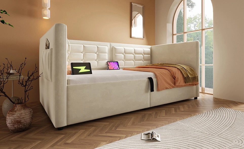 Divano letto 90x200 cm in velluto beige con contenitore， USB e Type-C， senza materasso