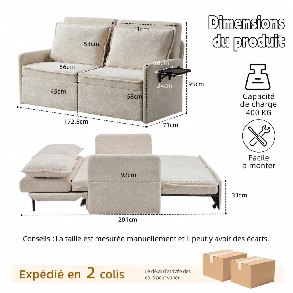 Divano letto pieghevole in ciniglia beige con schienale regolabile e porte USB