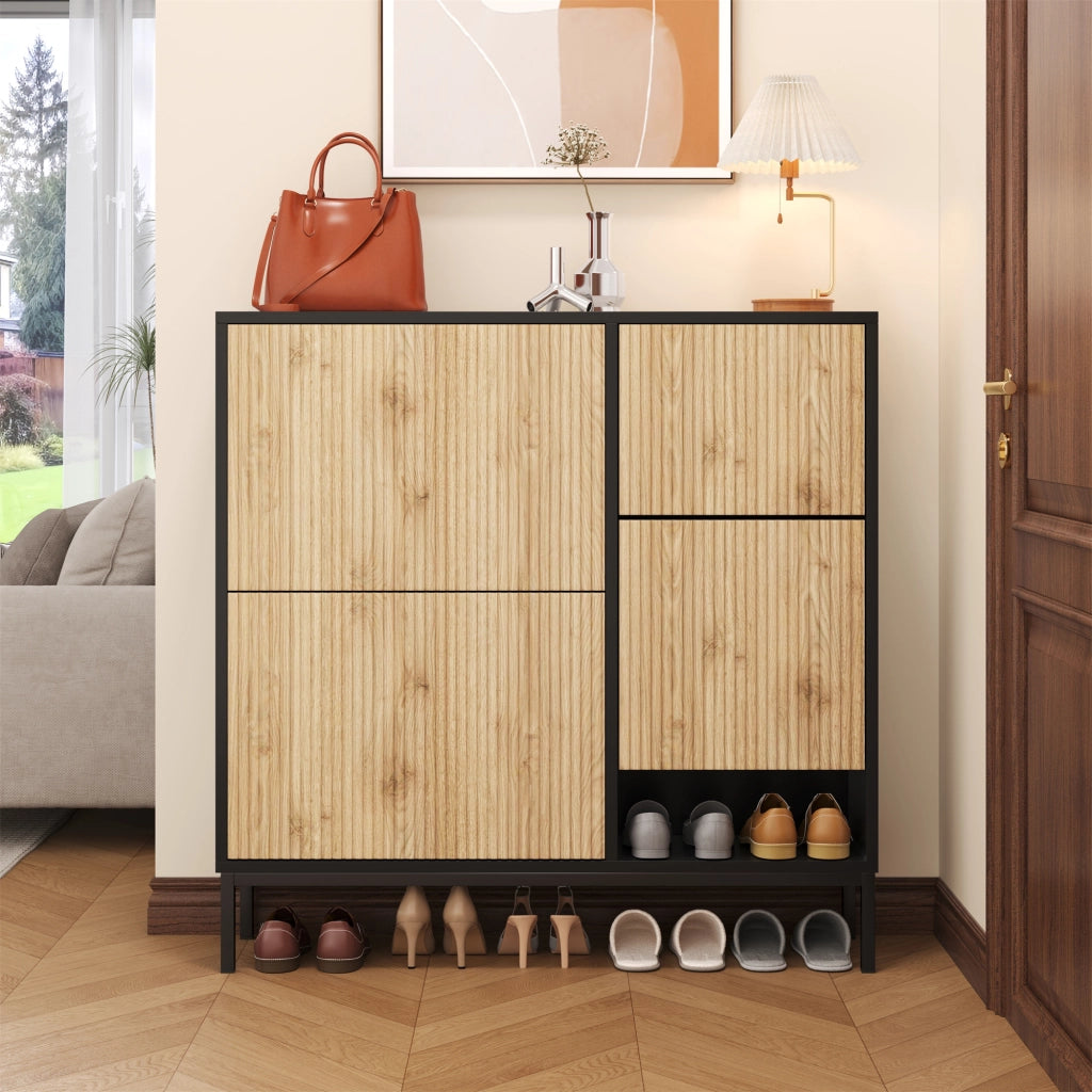 Scarpiera con 3 Ante a Ribalta e Panca Estraibile; Vano a Giorno; Stile Moderno; in MDF; Nero e Naturale; 100×25×100 cm