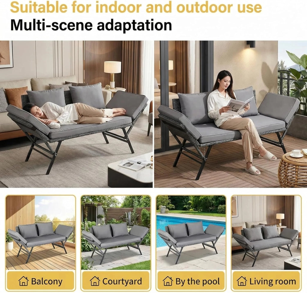 Panchina da giardino in polyrattan con funzione sdraio, 2 posti, divano da giardino in rattan con braccioli regolabili, terrazzo, divano da balcone resistente alle intemperie, colore: grigio