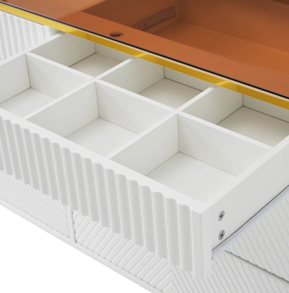 Credenza con 6 cassetti e superficie in vetro; 120 x 40 x 76 cm; bianco
