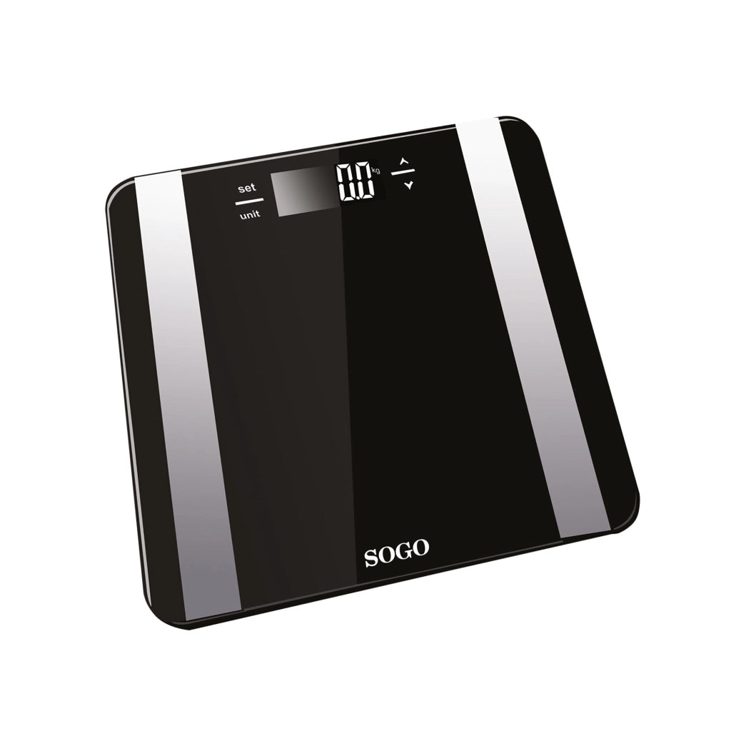 Bilancia pesapersone digitale con misurazione massa grassa e acqua corporea, display LCD, memoria 10 utenti, vetro temperato 6mm - SOGO