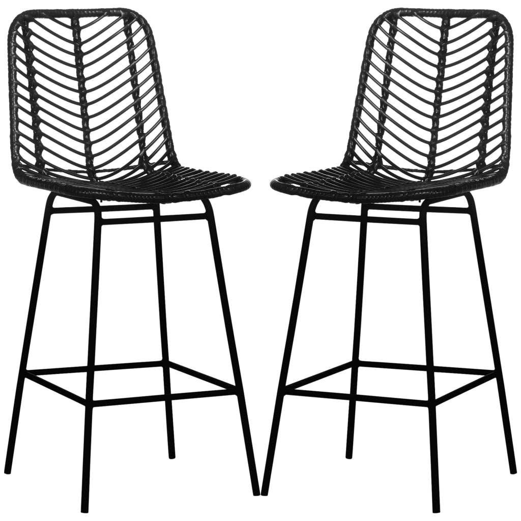 Sgabelli da bar design bohemien con poggiapiedi ¨C zephmum ¨C metallo e rattan, nero, 66 cm
