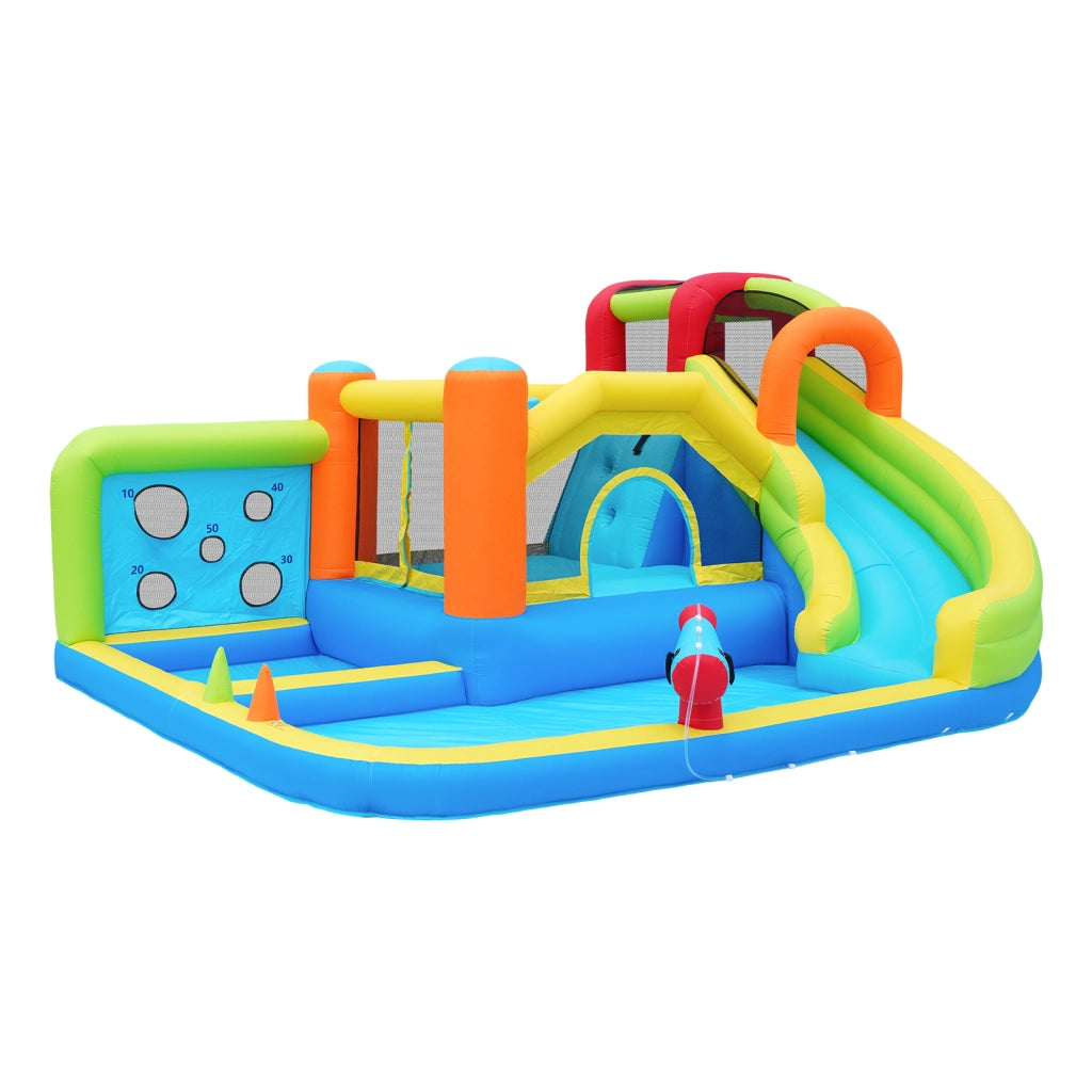 Castello gonfiabile multifunzione con scivolo d'acqua trampolino parete da arrampicata e soffiatore 450 W in tessuto oxford blu