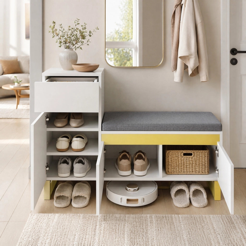 scarpiera da ingresso con panca imbottita, cassetto e vano aperto, mobile in MDF bianco lucido, 120 × 35 × 85 cm