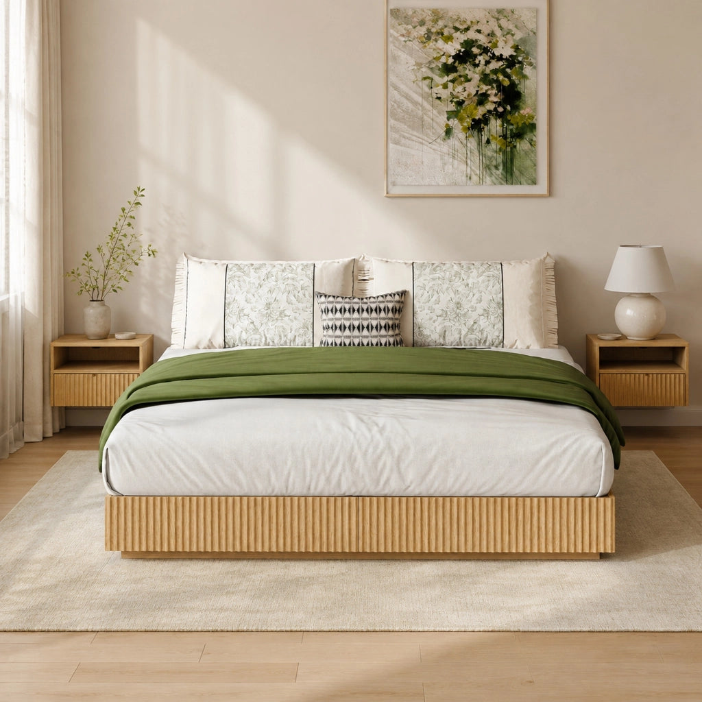 Letto 200x140x25 cm con design sospeso e LED RGB; in ferro e truciolare; naturale